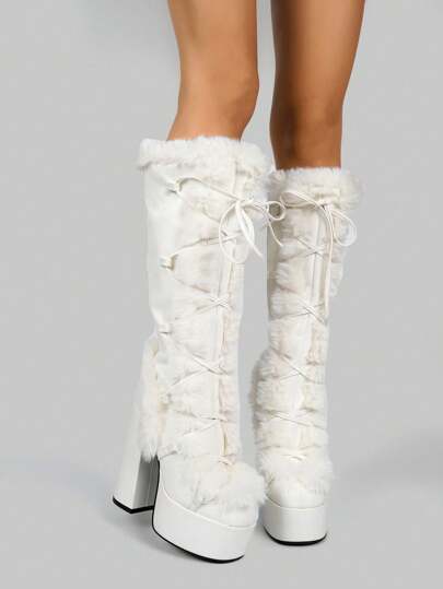 Thick Sole Lace-Up Round Toe Fluffy Punk Snow Boots, Contrast Furry Trim Platform Long Boots, Y2K Style Spring Shoes
