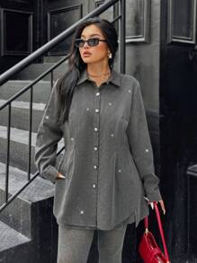Calvaya Plus Size Women's Pearl Button Casual, Cute, Simple, Artistic, Refined, Versatile, Elegant, Personalized Long Sleeve Shirt And Skirt Set, Fashionable For Daily Commute, Spring/Autumn