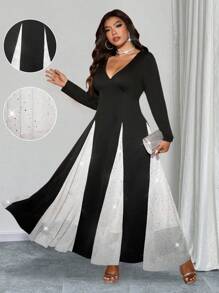 Allurite Vestido de punto de manga larga para mujer de talla grande con panel de encaje en la cintura, diseño de color block, para fiestas y eventos de noche, vestimenta maxi de mujer para otoño/invierno