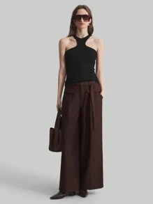 Ontre Pantalon vintage style urbain à jambes larges, taille haute avec ceinture et design de poches à rabat, marron, printemps/été pour femmes