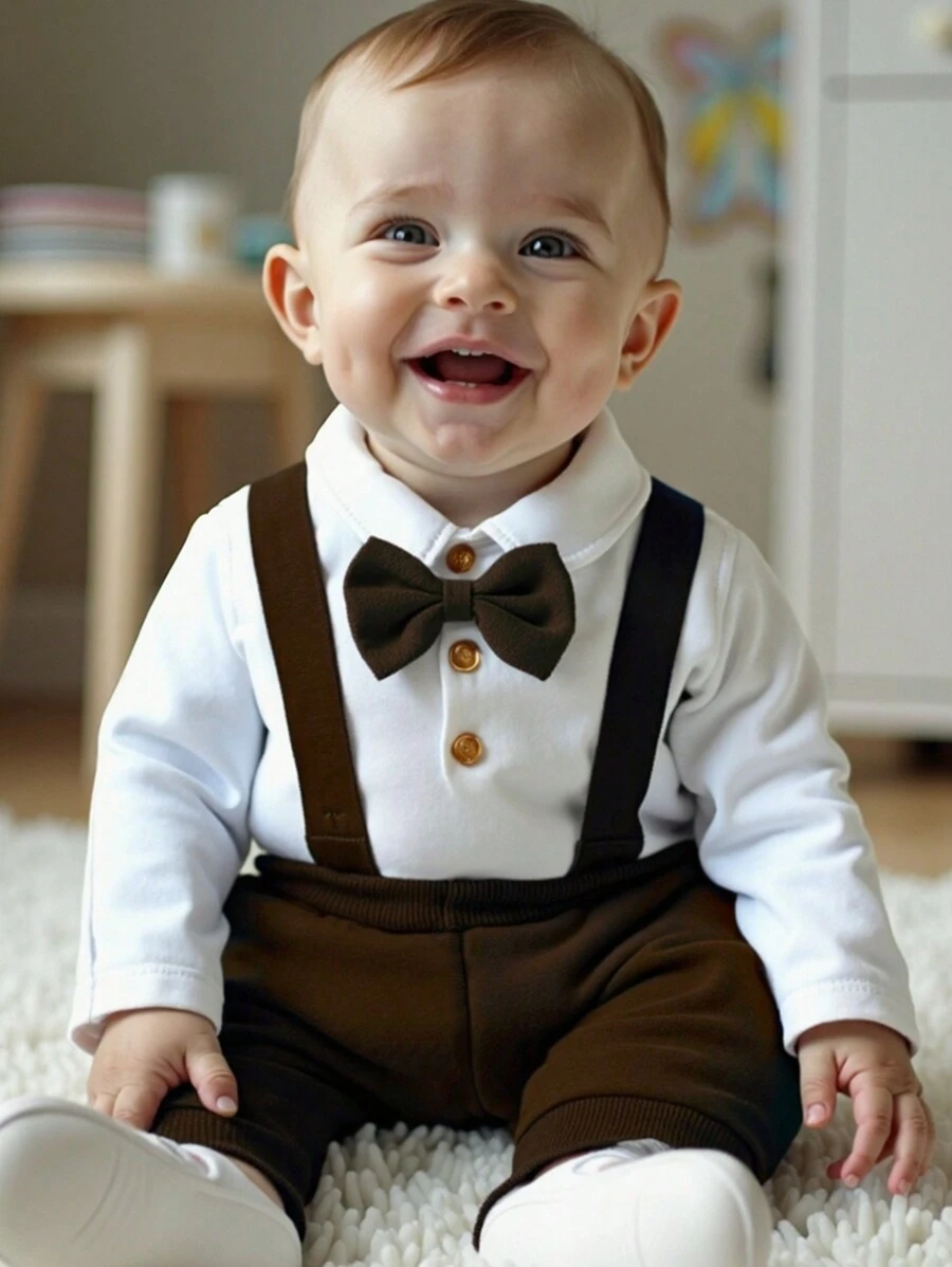 Souflis Souflis 2pcs Baby Boy Collegiate Gentleman French Retro Style Suspender Pants Set, Suitable For Autumn - Coffee Brown - View 1