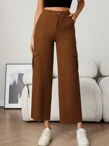 SHEIN PETITE 女式纯色前扣口袋简约休闲牛仔裤 - 鏽棕色 - 查看 5