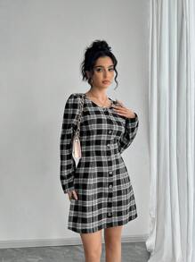 SHEIN Unity 女士格纹圆领长袖单排扣短款休闲连衣裙，秋季 - 黑色 - 查看 1