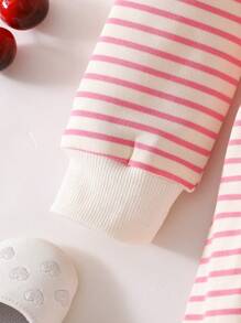 SHEIN Baby Girls Spring/Autumn Korean Style Cute Long Sleeve White Lace Collar Striped Knit Dress - Pink - View 3