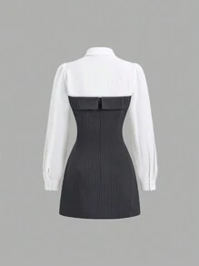Sweetra Women's Elegant Solid Color Puff Sleeve Shirt And Striped Camisole Dress Two-Piece Set, Autumn