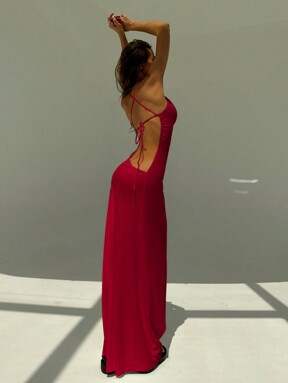 Aloruh White Spaghetti Strap Backless Lace-Up Bodycon Deep Draped Neck Dress For Women