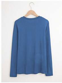 SHEIN LUNE 女式长袖圆领休闲蜻蜓印花T恤女式春季上衣 - 藍色 - 查看 2