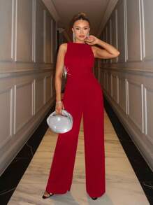 SHEIN BAE Black Rhinestoned Chain Red Jumpsuit, Fringed Jumpsuit, Sleeveless Backless Wide Leg Jumpsuit, Elegant Women's Jumpsuit For Party Occasion