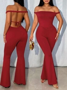 Zolique Bộ đồ liền thân màu đỏ hở vai hở lưng gợi cảm một đường cho nữ Quần áo năm mới Câu lạc bộ năm mới Trang phục dự tiệc ngày lễ cho phụ nữ - Đỏ - Xem 1