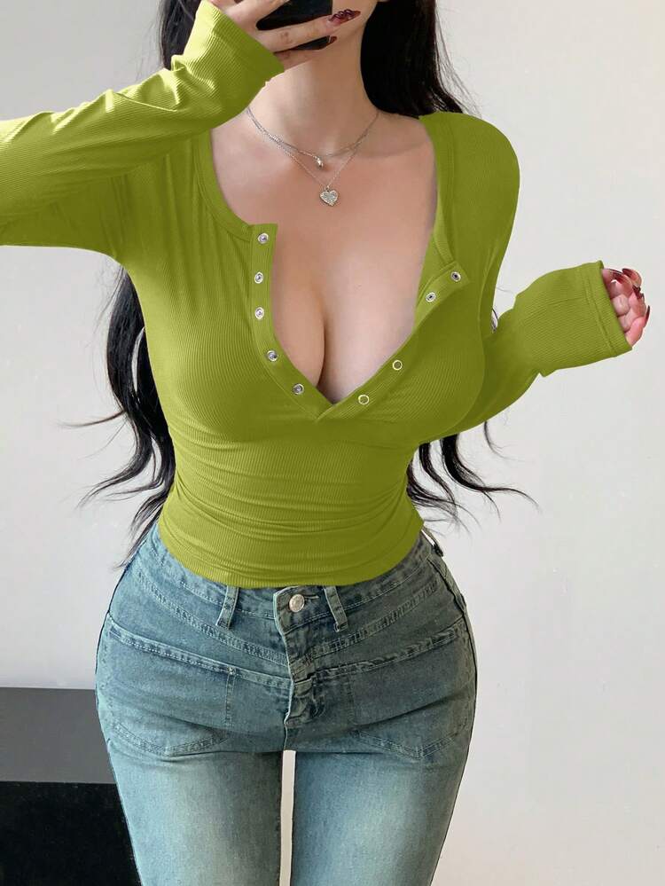 1pc Women Solid Color Round Neck Partially Buttoned Up Fitted Long Sleeve T-Shirt,Fall Women Clothes Going Out Tops Women Easter