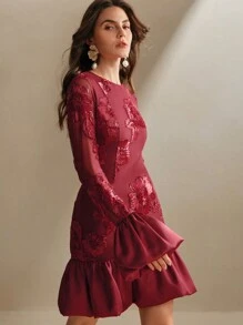 Anewsta Embroidered Floral Bodycon Dress For Women - Burgundy - View 5
