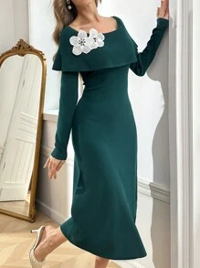 Modelyn Vestido elegante de punto ajustado con escote barco, adornado con perlas y cristales con diseño floral para fiesta - Verde Oscuro - Ver 5