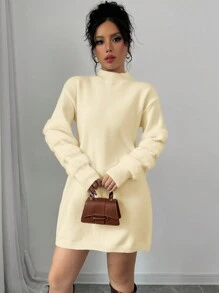 Elenzga Women's Solid Color Stand Collar Long Sleeve Simple Short Sweater Dress - Apricot - View 6