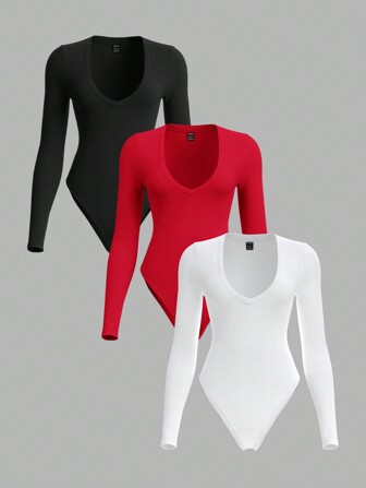 SHEIN BASICS 3pcs Set Solid Color Knitted Skinny Long Sleeve Sweetheart Collar Women Bodysuit