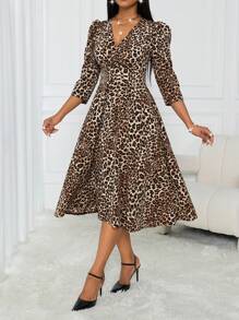 Breezaya 女式 V 领收腰 3/4 袖摇摆连衣裙 女式长款服装