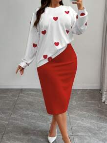 SHEIN Unity 2pcs/Set Plus Size Women Casual Long Sleeve Contrast Heart Pattern Set, Valentine's Day Love/Lover Design - Red and White - View 1