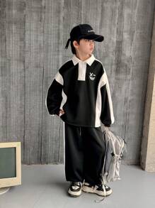 2pcs/Set Tween Boys Casual Korean Style Print Patchwork Colorblock Hooded Top And Loose Sweatpants Set, Suitable For School, Garden, Beach, Birthday, Spring/Summer/Autumn/Winter Seasons