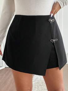 SHEIN Frenchy Plus Size Women Boho Casual Butterfly Decor Split Hem Culotte Shorts, For Summer - Black - View 1