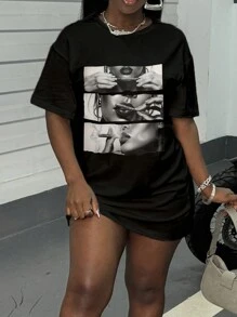 Slaydiva Đầm Croptop Cổ Tròn Tay Ngắn Dáng Rộng Thoải Mái, Phù Hợp Cho Mùa Hè - màu đen - Xem 2