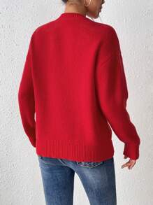 Chiquease Women's Drop Shoulder Long Sleeve Heart Pattern Bow Detail Knitted Sweater, Autumn/Winter Fall - Red - View 2