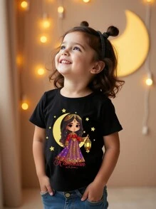 SHEIN Áo thun tay ngắn cổ tròn in họa tiết thời trang thường ngày cho bé gái theo đạo Hồi Ramadan Mubarak, Quần áo cho bé gái theo đạo Hồi - màu đen - Xem 3