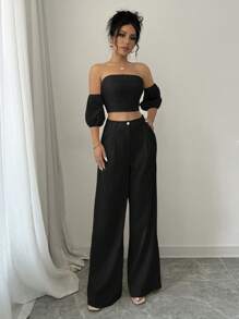 Elenzga Conjunto de 2 piezas con top de manga abullonada y hombros descubiertos y pantalones de pierna ancha de unicolor para mujer - Negro - Ver 5