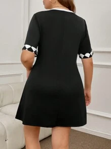 SHEIN Clasi Plus Size Geometric Patchwork Round Neck Short Sleeve Casual Mini Dress For Summer