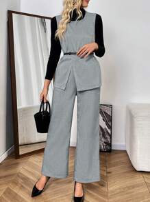 Calvaya Conjunto de 2 piezas de top sin mangas asimétrico con cuello redondo y pantalones de pierna ancha de talle alto, casual y de moda, versátil para otoño e invierno