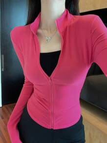DAZY 女士纯色前拉链长袖修身上衣，休闲日常穿着，秋季服装 - 粉色 - 查看 8