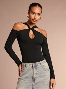 Glamine Body da donna alla moda, con spalle scoperte, maniche lunghe e linea slim, adatto per l'autunno - nero - Visualizzare 4