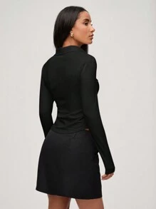 SHEIN BASICS Women Casual Plain Knit Collared Half-Zip Up Fitted Long Sleeve Top With Side Ruched - Black - View 2