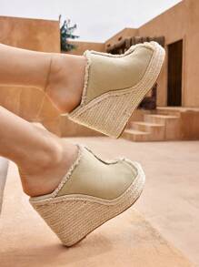 Styleloop Thick Platform Waterproof Wedge Heel Espadrille Woven Sole Closed Toe Women Sandals, Suitable For Vacation, Beach, Outdoor Occasions - Apricot - View 4