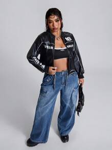 SHEIN ICON Jeans de mezclilla de trabajo con bolsillos múltiples, sin estiramiento, lavar, con botones frontales, talla grande - Azul lavado medio - Ver 3