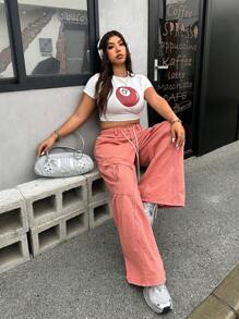 SHEIN ICON Y2K Streetwear Style Pink Non-Stretchable Cargo Pants With Multiple Pockets And Drawstring Waist, Loose Fit Jeans