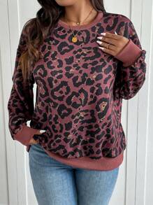 SHEIN Frenchy Sudadera con cuello redondo de talla grande casual y vintage con estampado de leopardo