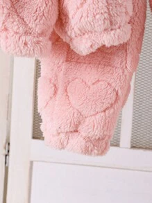 2pcs Baby Girls' Casual Heart-Checkered Fleece Jacket & Pants Set, Warm Winter Outfit With Cuffed Sleeve & Legs For Outdoor