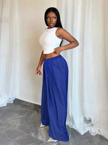 BamGleam Calça casual feminina lisa com bolso na cintura elástica, uso diário - Azul - Ver 3