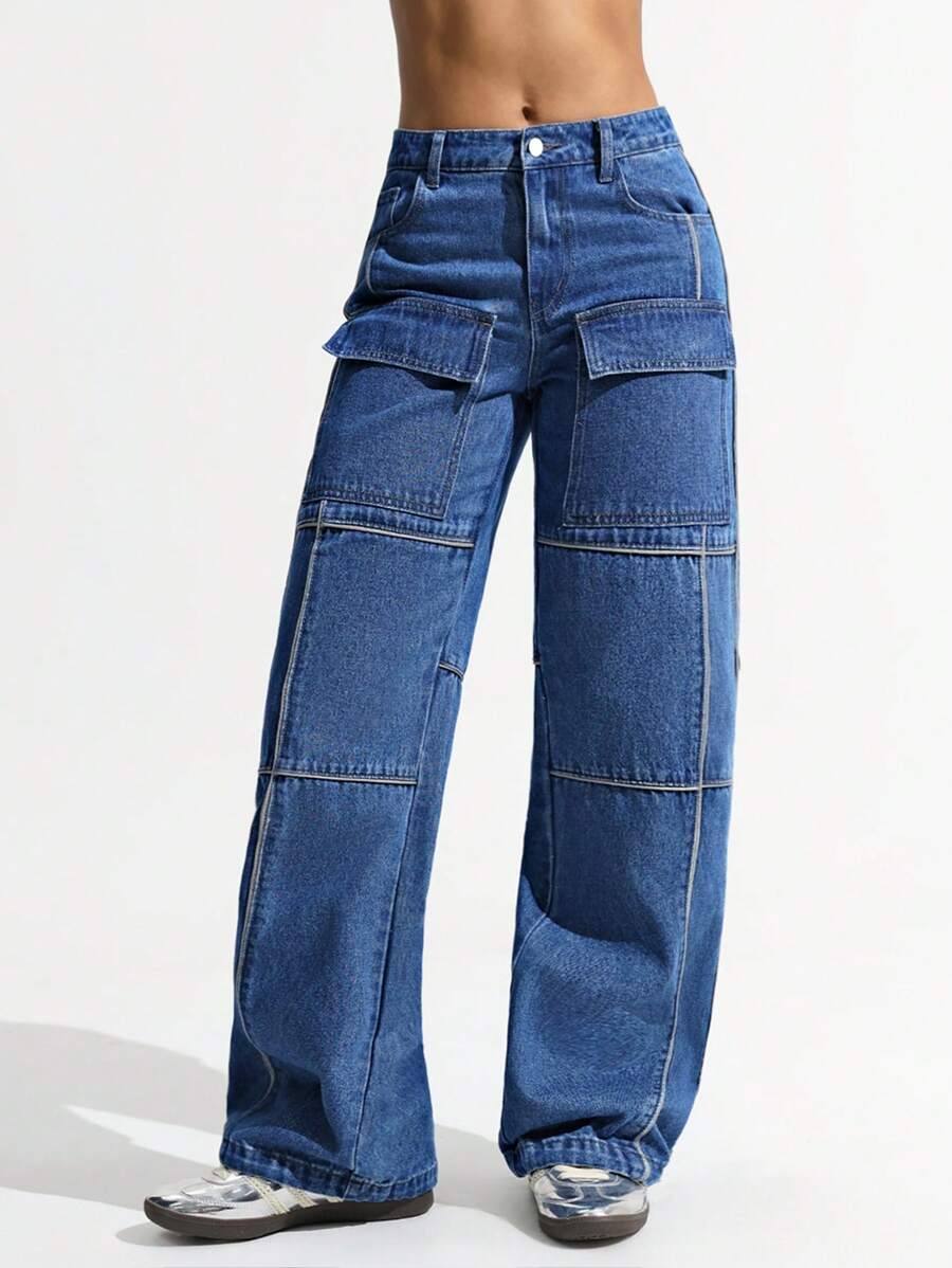 SHEIN ICON Multiple Pockets Cargo Straight-Leg Women's Jeans - Dark Wash - View 1