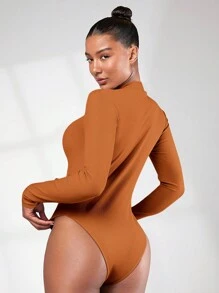 SHEIN BASICS Bộ đồ liền thân dài tay thường ngày có khóa kéo nửa thân màu trơn dành cho nữ - màu nâu - Xem 2