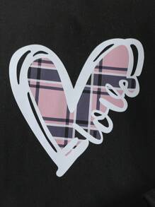 SHEIN Girls' 3pcs Pajama Set: Check Heart Print Knit Comfy Long Pants, Short Sleeve & Long Sleeve Tops, Sleepwear - Black - View 7