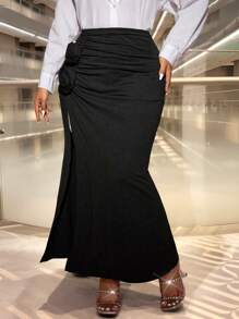 Allurite Maxirock für Damen in Große Größen im Meerjungfrauen-Stil mit hohem Schlitz, elegant für Arbeit/Party, schwarz mit 3D Blumenmuster - Schwarz - Übersicht 1