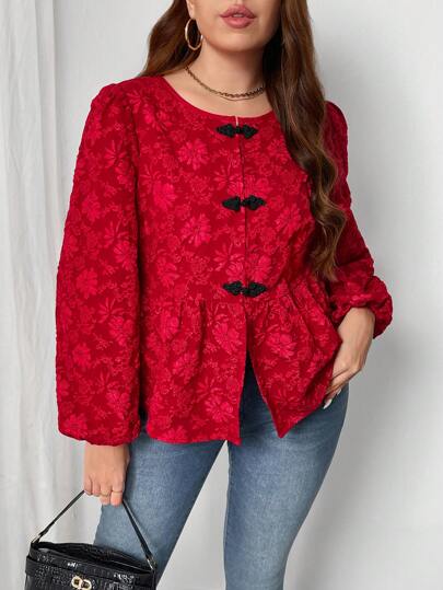 SHEIN Frenchy 简单别致宽松酒红色提花纹理纽扣前大码衬衫，派对，新年，浪漫情人节