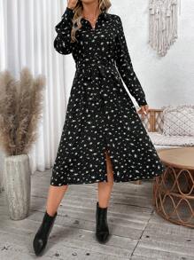 SHEIN LUNE Women's Casual Ditsy Floral Long Sleeve Drawstring Waist Midi Dress, Basic Autumn/Winter Outfit Winter Dresses For Women Going Out Tops Women Black Dress Vacation Dress Going Out Dress