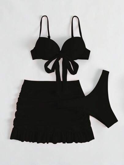 Swim Mod Summer Beach Knot Front Push Up Bikini Set With Beach Skirt