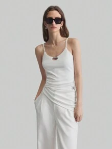 Ontre White Metal Decor Hollow Hem Asymmetric Hem Rib Knit Camisole For Women, Suitable For Spring/Summer, Holidays Like Valentine's Day