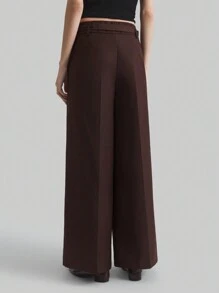 Ontre Pantalon vintage style urbain à jambes larges, taille haute avec ceinture et design de poches à rabat, marron, printemps/été pour femmes