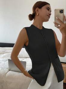 SHEIN Frenchy 女士纯色前扣无袖休闲针织毛衣背心