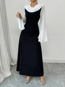 Chiquease 拼色垂领喇叭袖腰部收紧修身 A 字形连衣裙