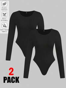 SHEIN EZwear Plus Size Women Long Sleeve Bodysuit,Black Casual Fitted Round Neck Long Sleeve 2pcs Bodysuit