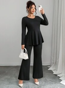 Elenzga Plus Size 2 Pieces Bowknot Strap Top And Long Pants Set - Black - View 2